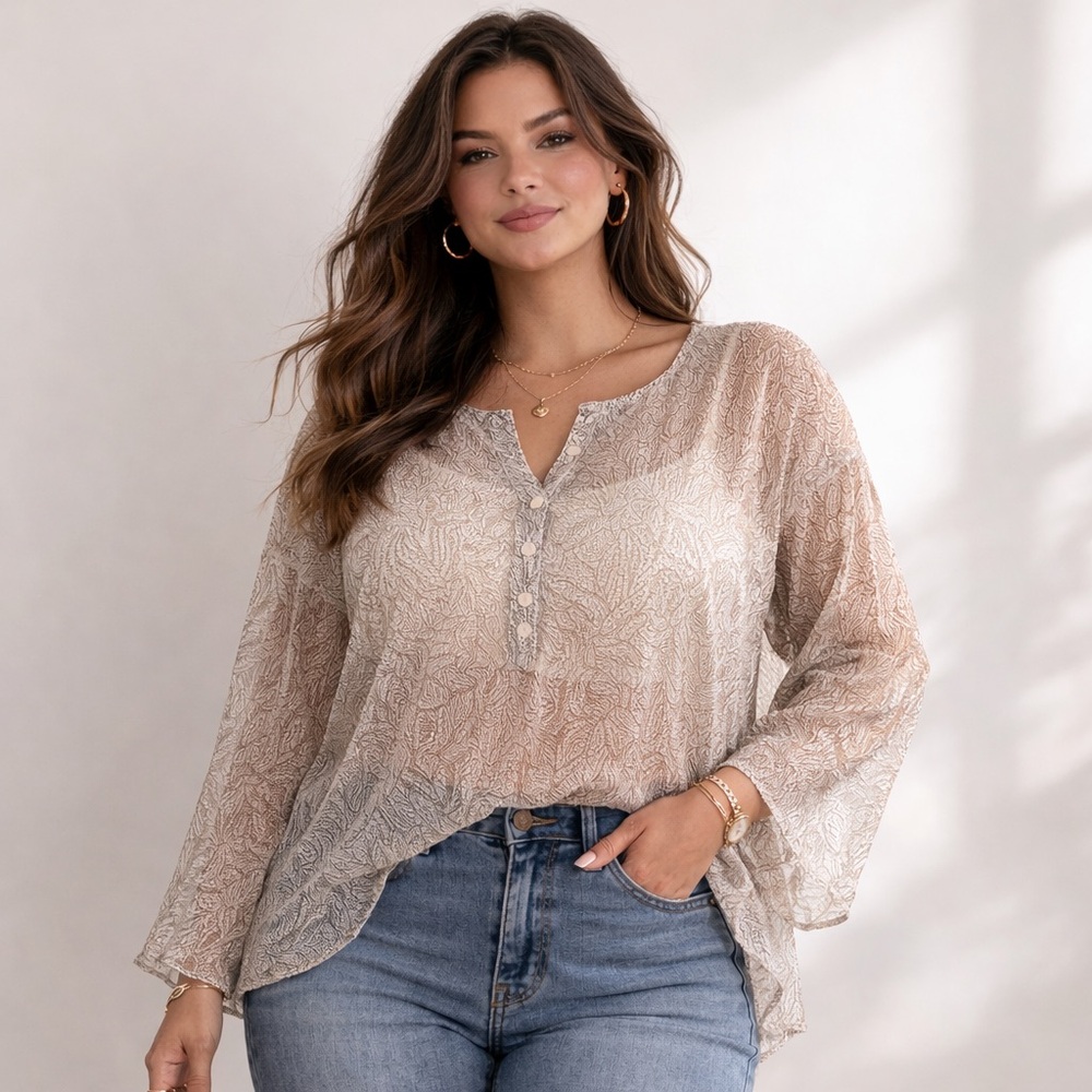 Apostrophe Sheer Layering Leaf Pattern Half Button Blouse in Brown &‎ Tan 24W